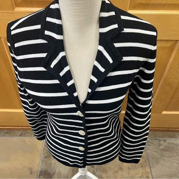 Chaps Cardigan Knit Sweater Size M Black/White Striped Long Sleeves Button Up - Picture 1 of 8